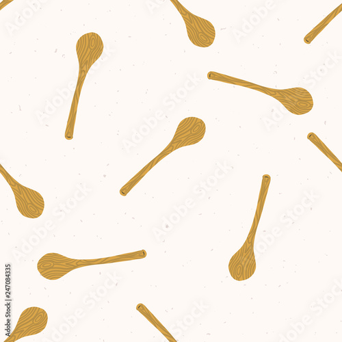 Cute wooden spoon kitchen utensil illustration. Seamless vector pattern. Hand drawn spatula stirring tool. Realistic toosed for baking blog, cookery textiles. Traditional equipment all over print.
