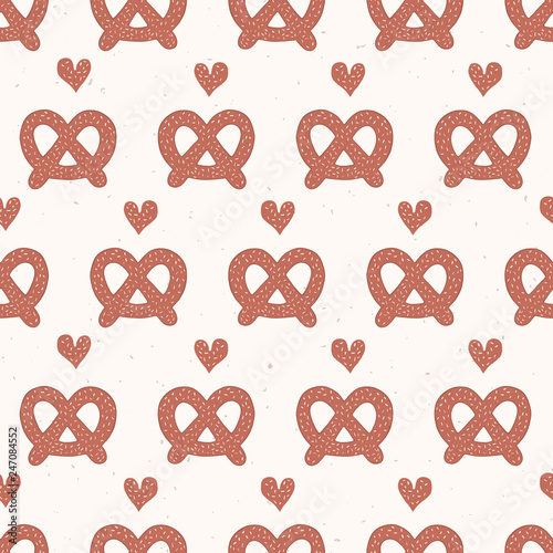 Cute vector german pretzel cartoon with love heart. Seamless repeating food pattern illustration. Hand drawn kawaii bakery bread for kitchen foodie blog, germany oktoberfest restaurant background.