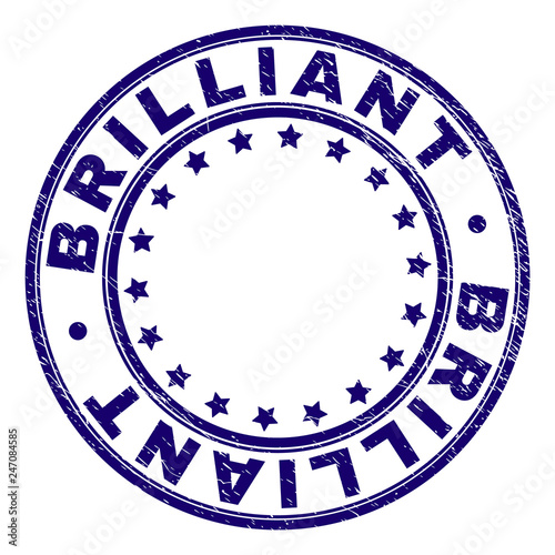 BRILLIANT stamp seal imprint with grunge texture. Designed with circles and stars. Blue vector rubber print of BRILLIANT caption with grunge texture.