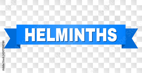 HELMINTHS text on a ribbon. Designed with white caption and blue tape. Vector banner with HELMINTHS tag on a transparent background.