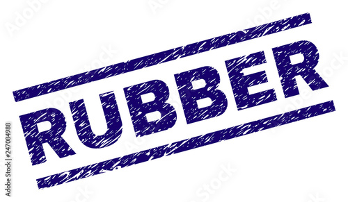 RUBBER seal print with grunge style. Blue vector rubber print of RUBBER text with unclean texture. Text title is placed between parallel lines.