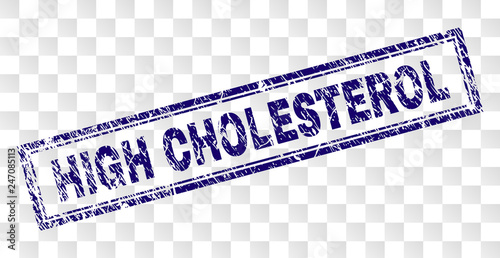 HIGH CHOLESTEROL stamp seal print with scratched style and double framed rectangle shape. Stamp is placed on a transparent background.