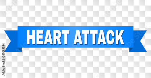HEART ATTACK text on a ribbon. Designed with white caption and blue stripe. Vector banner with HEART ATTACK tag on a transparent background.
