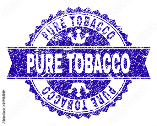 PURE TOBACCO rosette stamp watermark with distress effect. Designed with round rosette, ribbon and small crowns. Blue vector rubber watermark of PURE TOBACCO caption with retro texture.