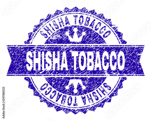 SHISHA TOBACCO rosette seal overlay with grunge texture. Designed with round rosette, ribbon and small crowns. Blue vector rubber print of SHISHA TOBACCO label with unclean texture.