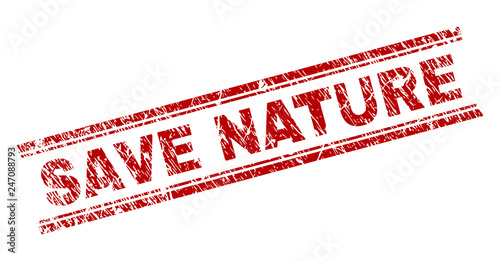 SAVE NATURE seal watermark with corroded texture. Red vector rubber print of SAVE NATURE title with grunge texture. Text title is placed between double parallel lines.