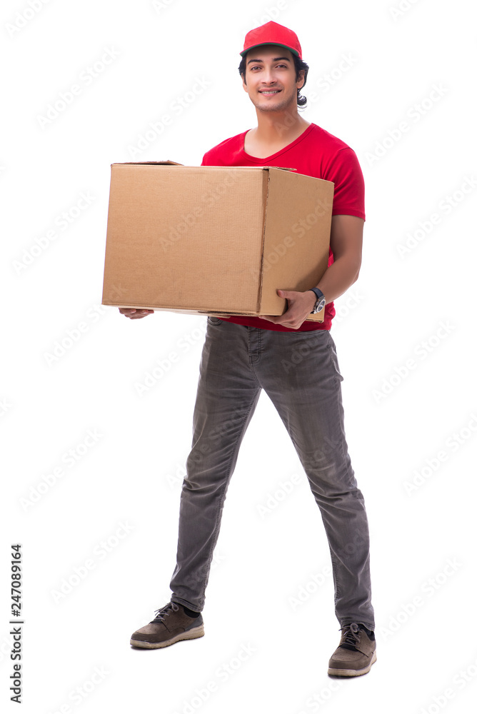Young male courier with box 