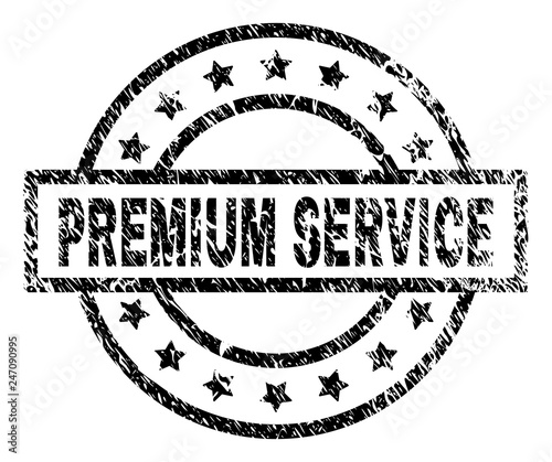 PREMIUM SERVICE stamp seal watermark with distress style. Designed with rectangle, circles and stars. Black vector rubber print of PREMIUM SERVICE caption with unclean texture.
