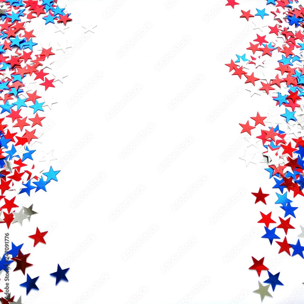 Red white blue shiny confetti stars on white background, isolate, tricolor concept, independence and freedom day USA Red white blue shiny confetti stars on white background, isolate, tricolor concept, independence and freedom day USA