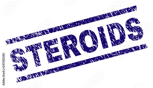 STEROIDS seal print with grunge style. Blue vector rubber print of STEROIDS text with grunge texture. Text label is placed between parallel lines.