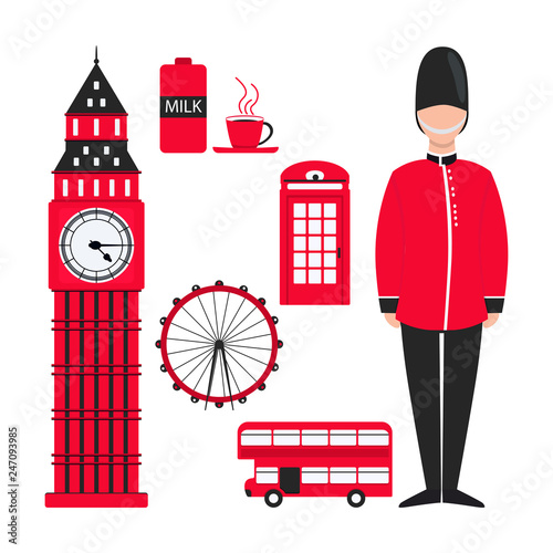 Flat london for decoration design. London skyline. Red london in modern style on white background. 
