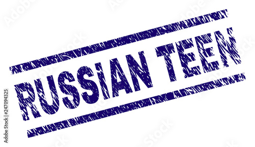 RUSSIAN TEEN seal imprint with grunge style. Blue vector rubber print of RUSSIAN TEEN caption with retro texture. Text caption is placed between parallel lines.