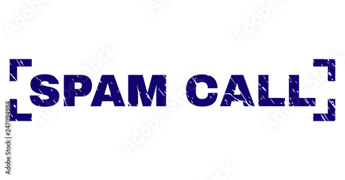 SPAM CALL caption seal print with grunge effect. Text caption is placed between corners. Blue vector rubber print of SPAM CALL with unclean texture.