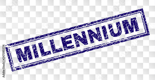 MILLENNIUM stamp seal print with rubber print style and double framed rectangle shape. Stamp is placed on a transparent background. Blue vector rubber print of MILLENNIUM caption with dirty texture.