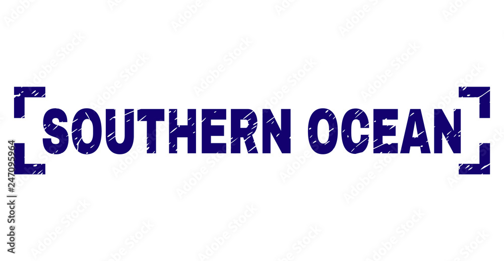 SOUTHERN OCEAN title seal print with corroded texture. Text title is placed inside corners. Blue vector rubber print of SOUTHERN OCEAN with dirty texture.