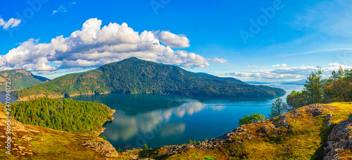 Panoramic view of Maple Bay and Gulf Islands in Vancouver Island, Canada