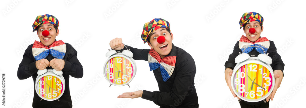 Funny clown with clock isolated on white Funny clown with clock isolated on white