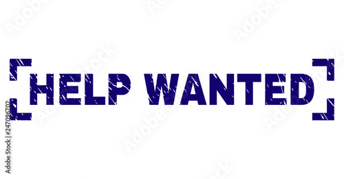 HELP WANTED text seal print with grunge texture. Text tag is placed inside corners. Blue vector rubber print of HELP WANTED with dust texture.