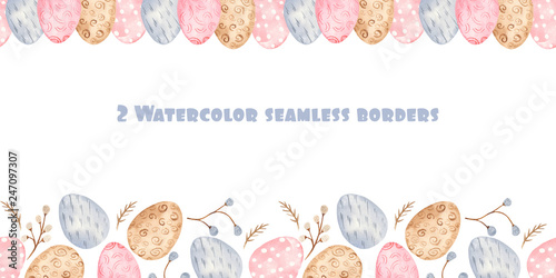 Canvas Print Watercolor seamless border with colorful Easter eggs and willow