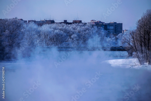 evaporation of water over the river during a hard frost