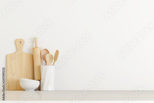 Fototapeta Naklejka Na Ścianę i Meble -  kitchen utensils on white table. 3d rendering