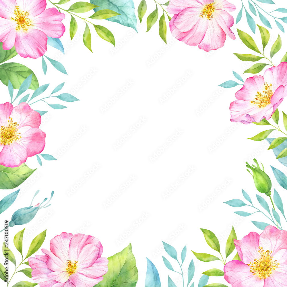 Watercolor floral frame with pink wild rose flowers, buds, green leaves and branches. Decorative flowers and leaves banner with hand drawn floral elements on white background. Hand drawn illustration.