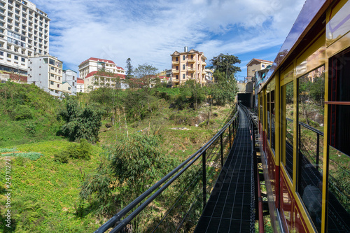 Sapa town viewing from tourist mountain tram, the transporation to Fansipan cable car station in Sapa town, Vietnam