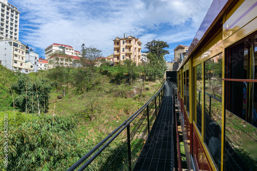 Sapa town viewing from tourist mountain tram, the transporation to Fansipan cable car station in Sapa town, Vietnam