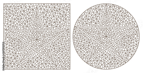 Set of contour illustrations of stained-glass Windows with stars, dark contours on a white background, round and rectangular image