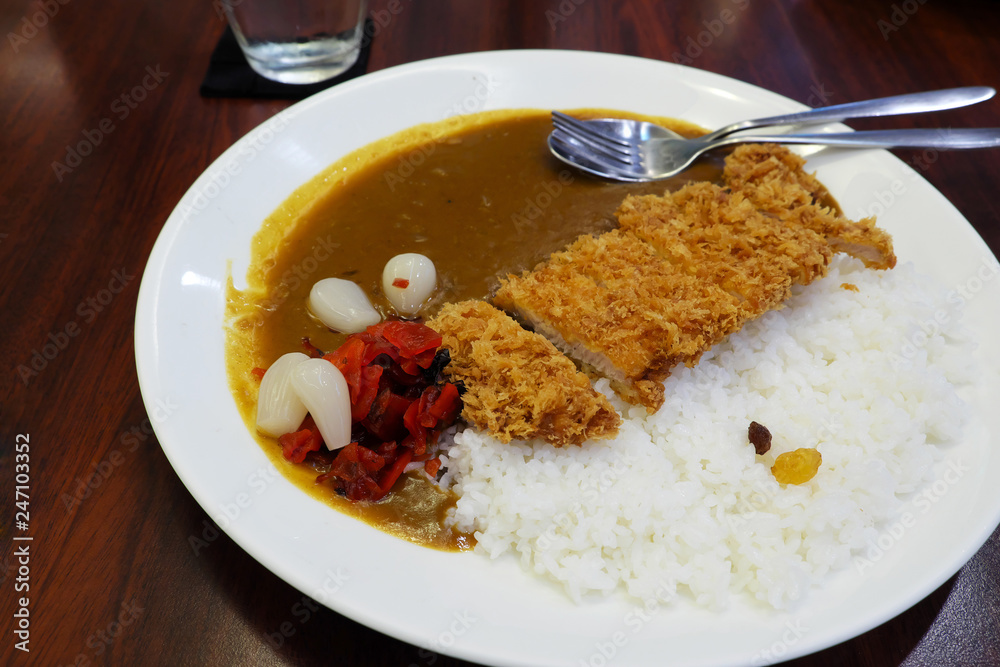 Japanese curry rice, fried pork. Japanese curry rice, fried pork.