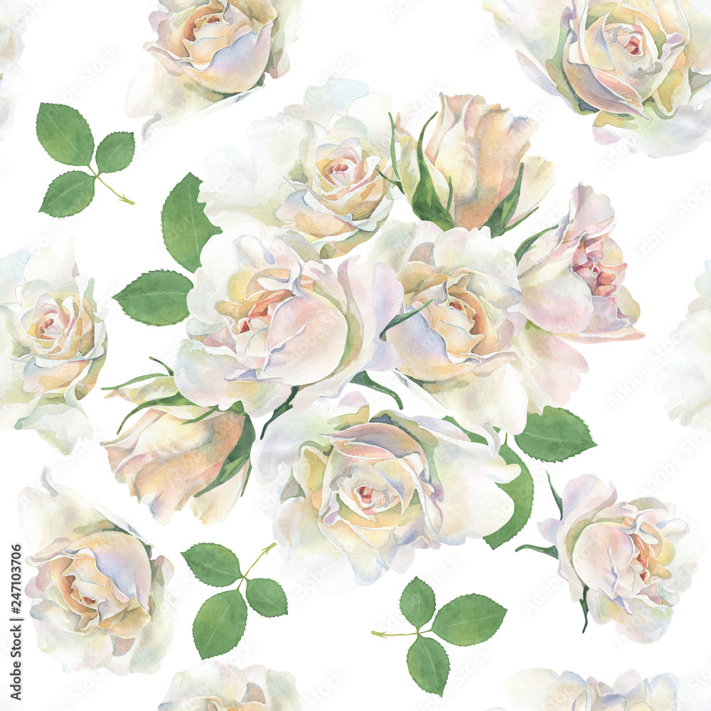 Seamless pattern of pink roses on white background