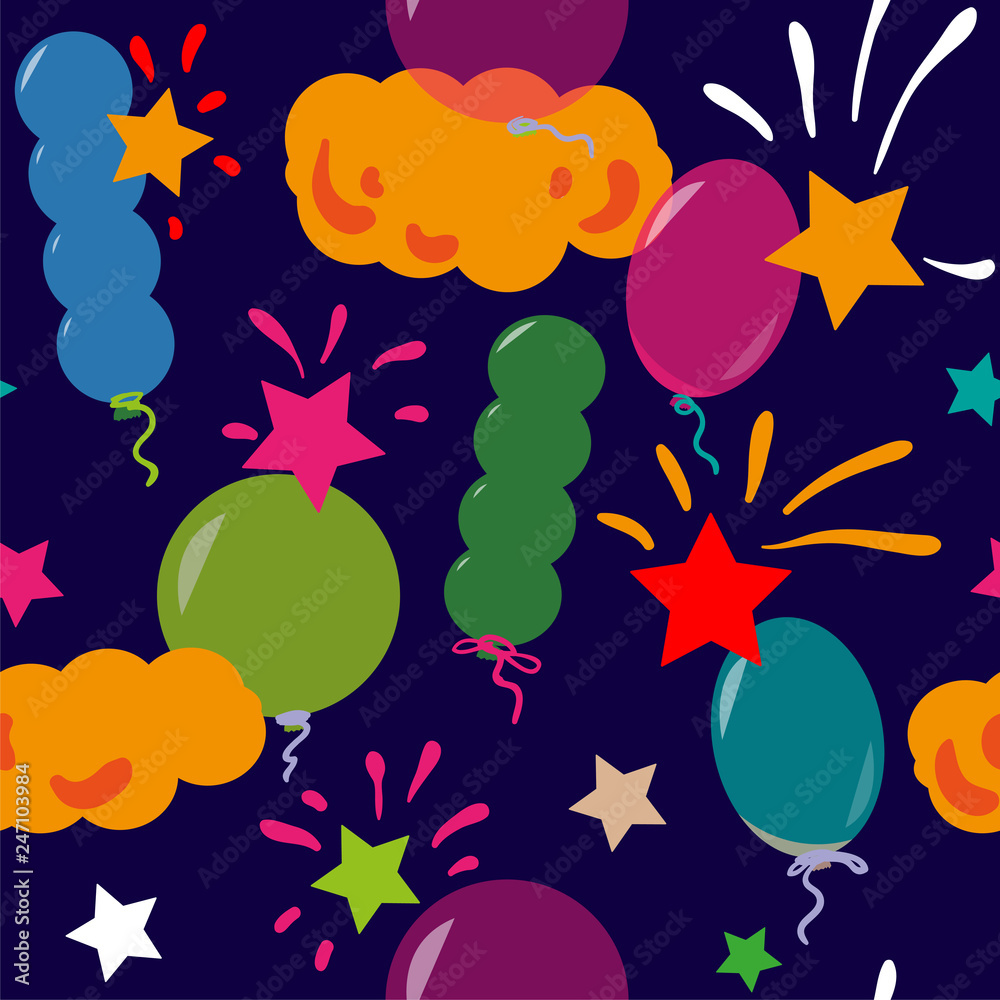 Vector simless pattern with colorful balloons,confetti,fireworks,stars