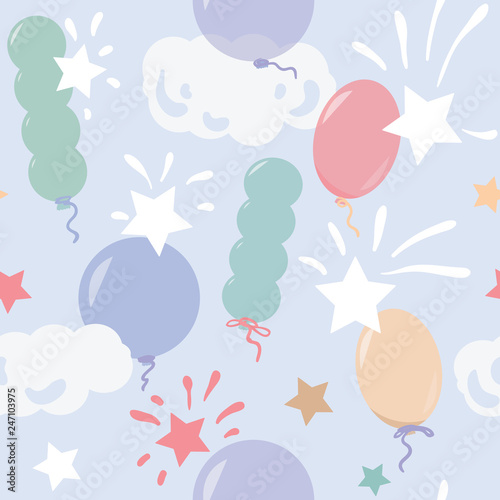Vector simless pattern with colorful balloons,confetti,fireworks,stars. Design for wallpaper,cover,textile,fabric,web, birthdat postcard