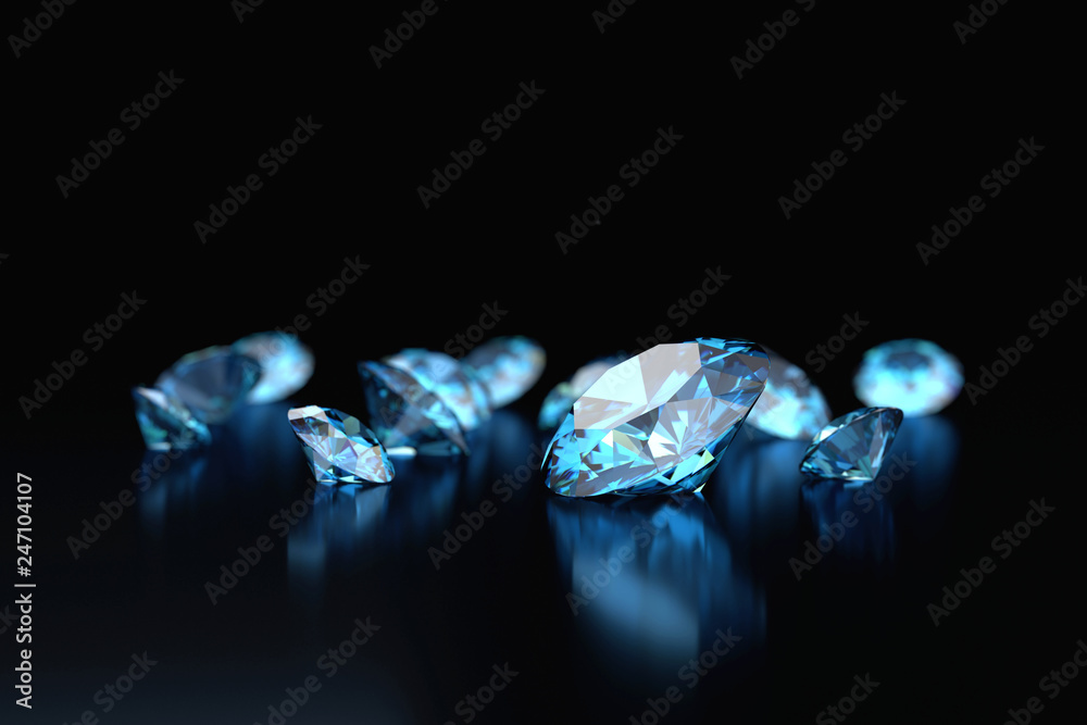 Blue diamonds placed on black background 3D illustration Stock ...