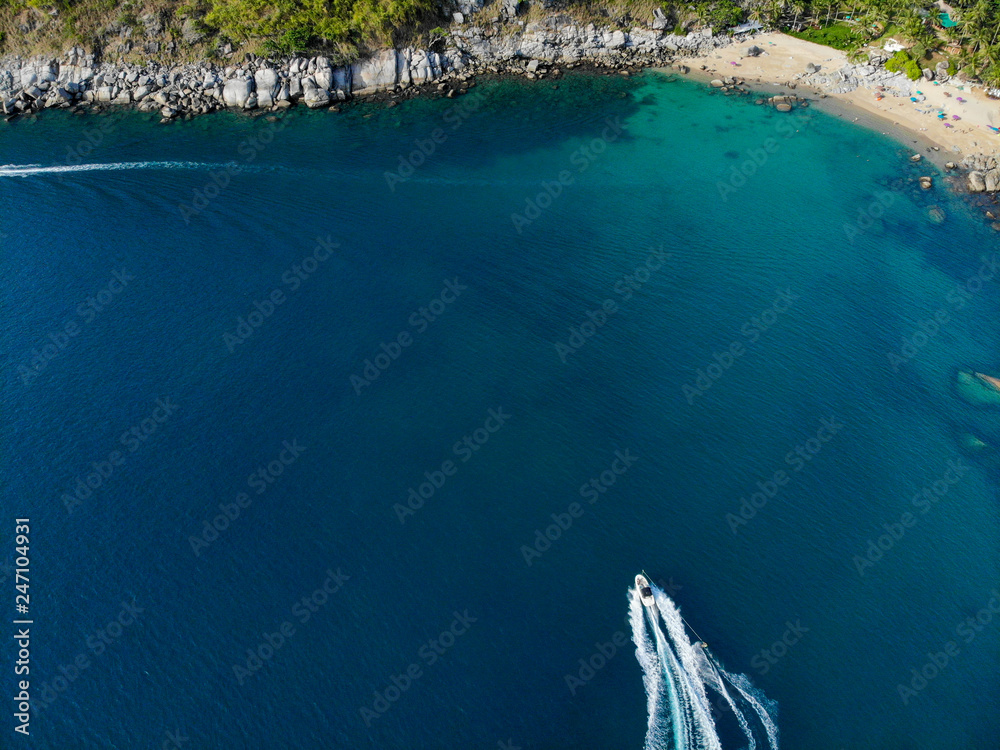 wakeboard sport in aerial view.  Beautiful sea landscape. Phuket. Thailand