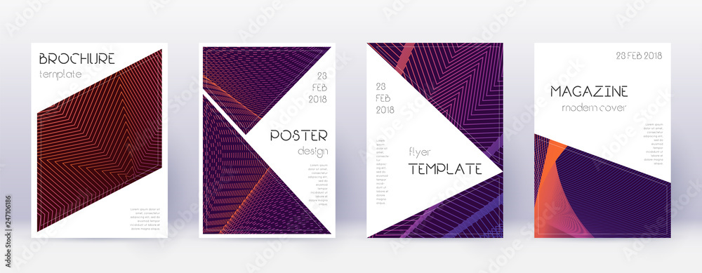Triangle brochure design template set. Violet abst