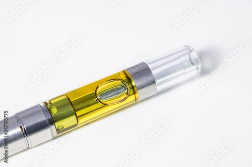 THC/CBD Oil Vape Pen Up Close Isolated On White Background