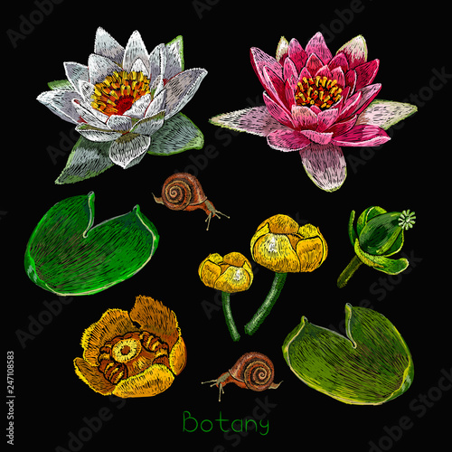 Embroidery elements.  Pink lotus flowers and white water lilies, template fashionable clothes, t-shirt design and print. Botanical collection