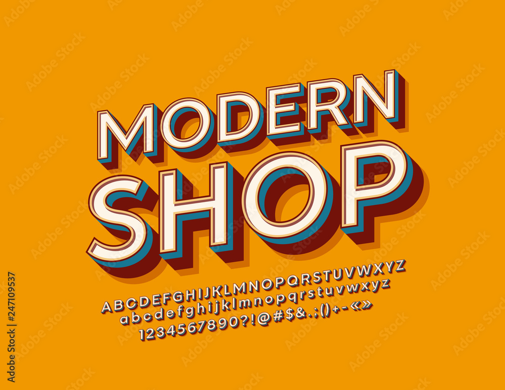Vector stylish Sign Modern Shop with retro Alphabet. Vintage 3D Font. Set of bright Letters, Numbers and Symbols. 
