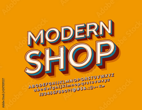 Vector stylish Sign Modern Shop with retro Alphabet. Vintage 3D Font. Set of bright Letters, Numbers and Symbols. 