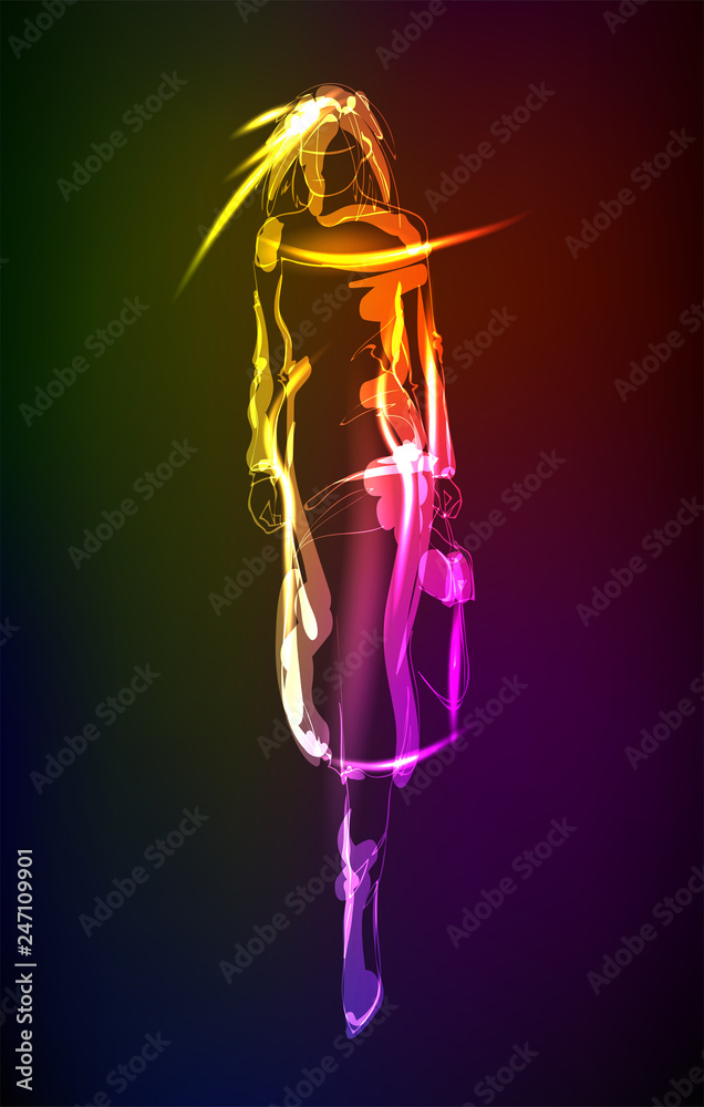 Hand-drawn fashion model from a neon. A light girl's. Fashion illustration. Hand-drawn fashion model from a neon. A light girl's. Fashion illustration.