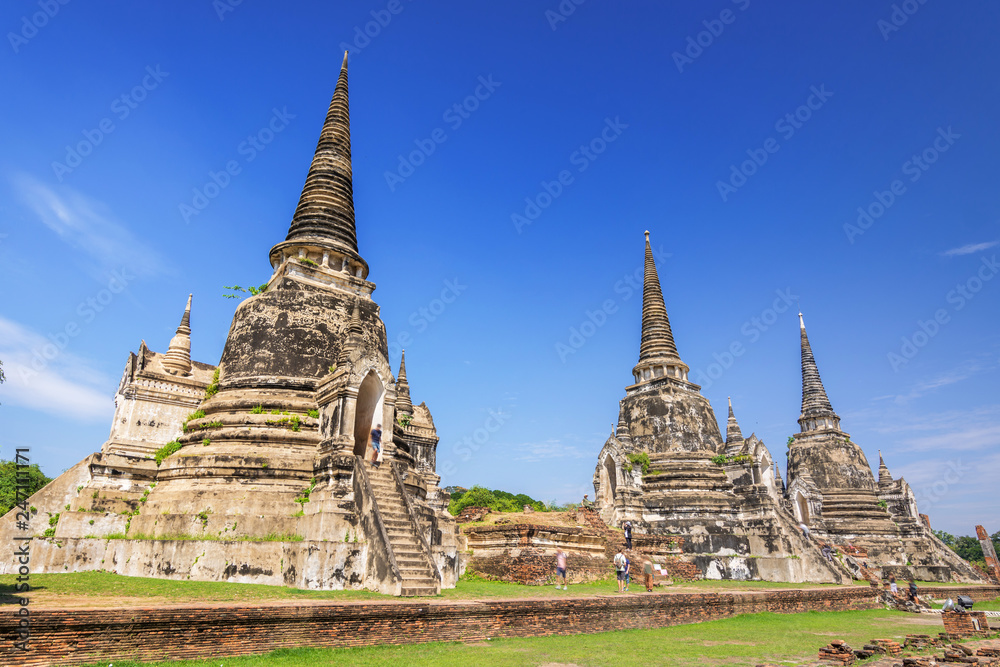 Pagoda and blue sky in Wat Phra Si Sanphet. The ancient temple of Ayutthaya Thailand.