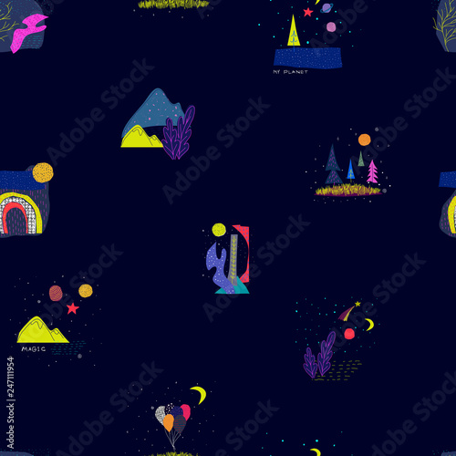 Fototapeta Naklejka Na Ścianę i Meble -  Universe Space nature Star seamless pattern moon balloon travel cosmos astronomy inspiration graphic design typography element. Hand written postcard. Cute simple vector paper cutout collage style