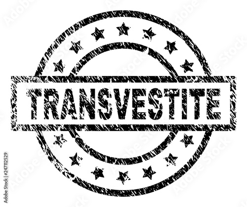 TRANSVESTITE stamp seal watermark with distress style. Designed with rectangle, circles and stars. Black vector rubber print of TRANSVESTITE caption with dirty texture.