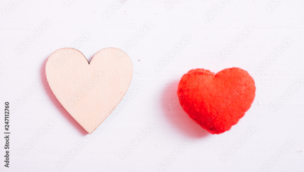 Close up Hearts on white wooden background