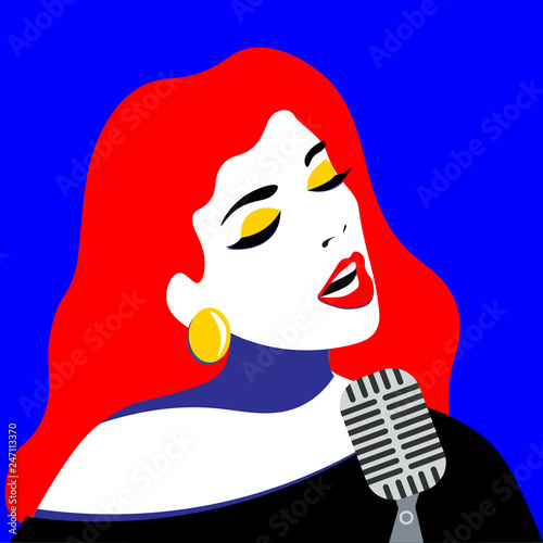 Girl with pop art style sings in blues style. Bright color illustration of a girl