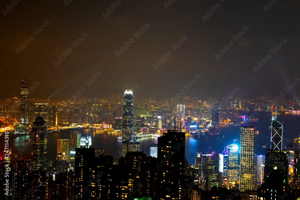 Causeway Bay, Hong Kong - 23 November 2018: Hong Kong skyline at night view from Victoria peak.