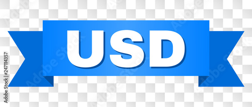 USD text on a ribbon. Designed with white caption and blue tape. Vector banner with USD tag on a transparent background.