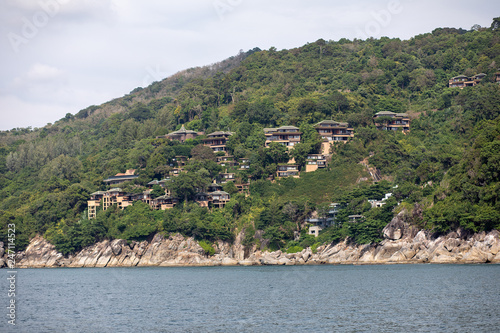 Exotic Bay with hotel villas. Scenery of phuket island, View from hill top, Travel in Thailand