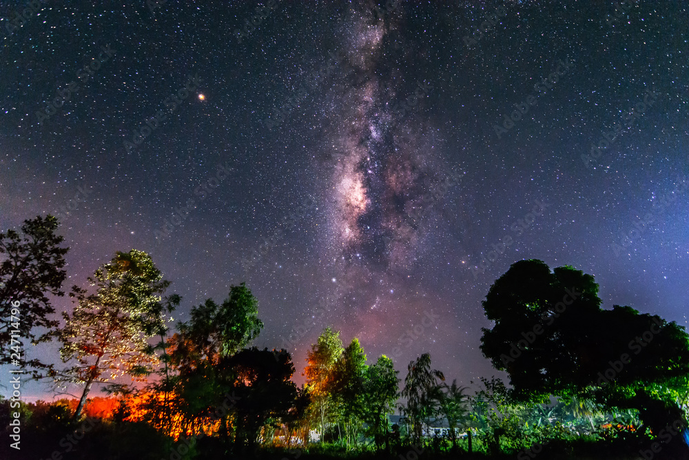Milky way galaxy with stars and space dust in the universe In the sky of Thailand, Long exposure photograph, with grain noise.